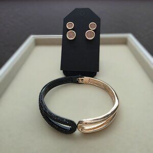 Rose Gold Black Sparkle Bracelet & Stud Earrings Set 3pc